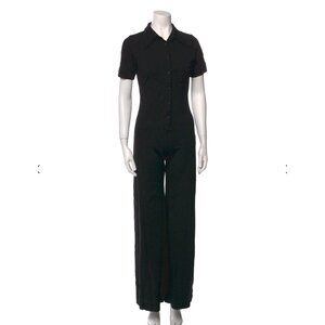 NWOT Suzi Kondi Black Corduroy Button-Up Jumpsuit Short Sleeve Collared Design
